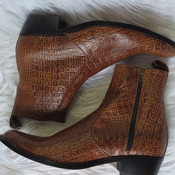 Men's Brown Crocodile Pattern Leather Ankle Boots - Picture 6 of 11